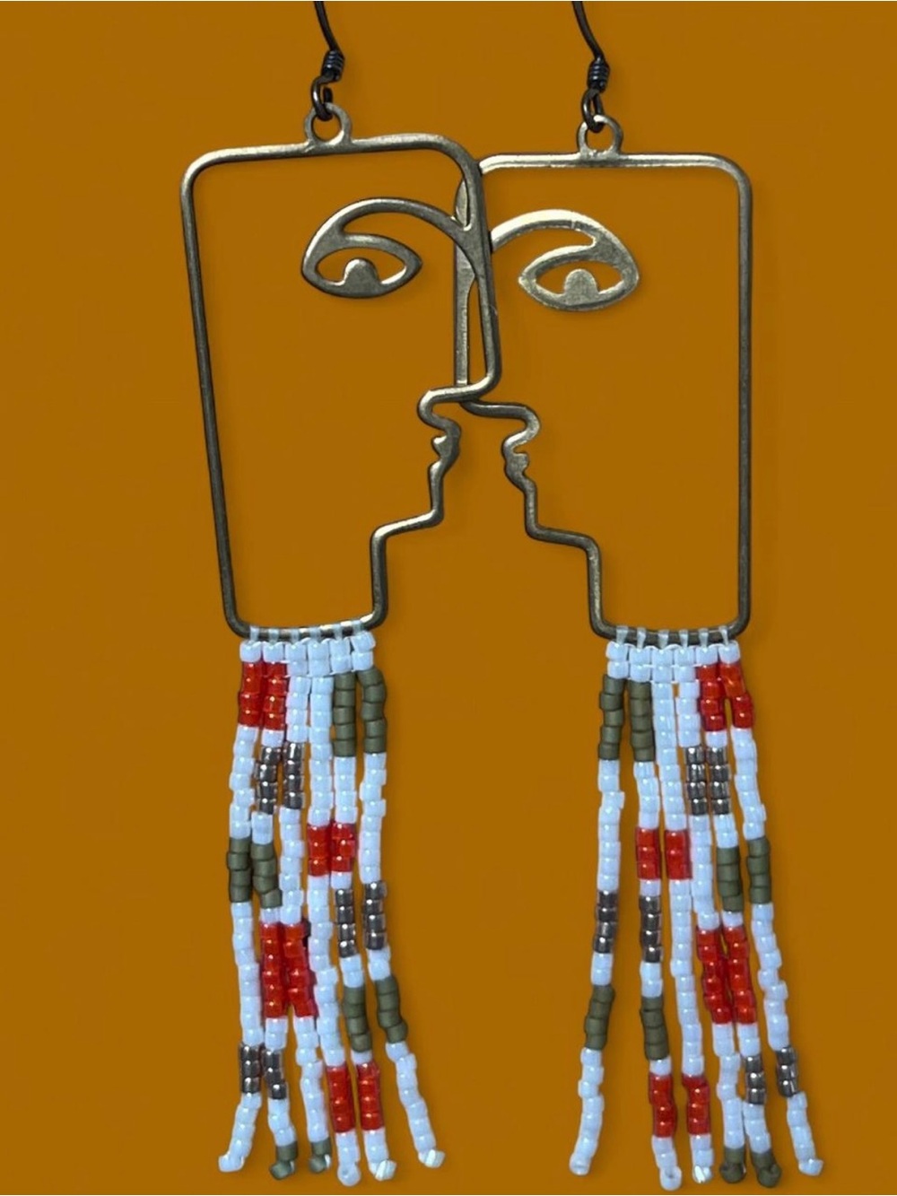 Handmade Abstract Face Beaded Fringe Earrings — White, Red, Olive, Bronze